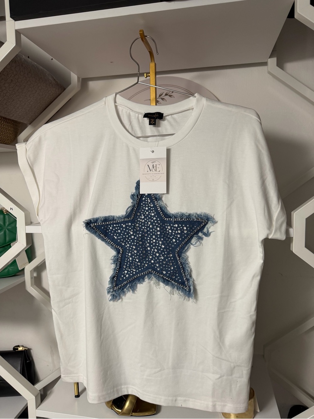 White Tee with Distressed Denim Star and Studs
